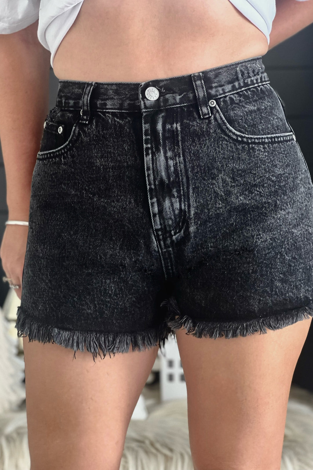 Black Daisy High-Waisted Denim Shorts